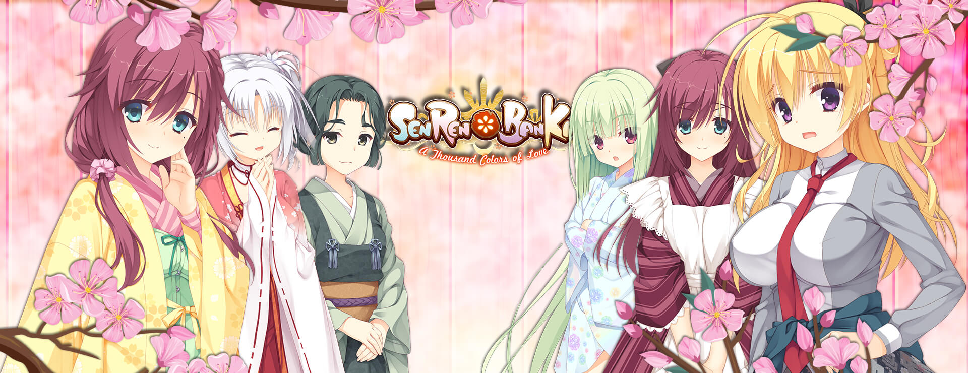 Senren Banka Key Art: die Heldinnen von Hoori vor dem Schrein